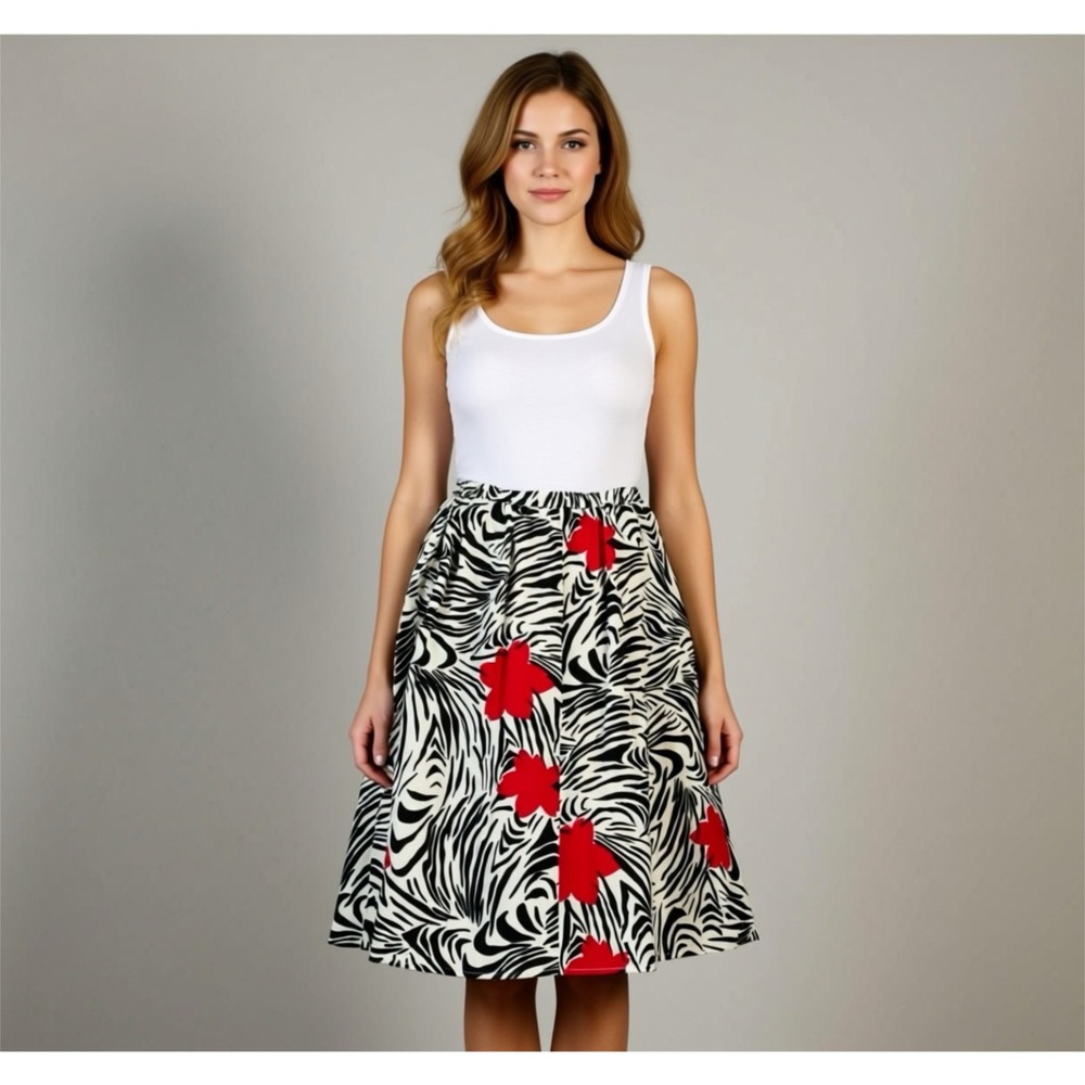Vintage Flirty Rhodes Resort Core Zebra  Red Floral Midi boho chic retro glam- M